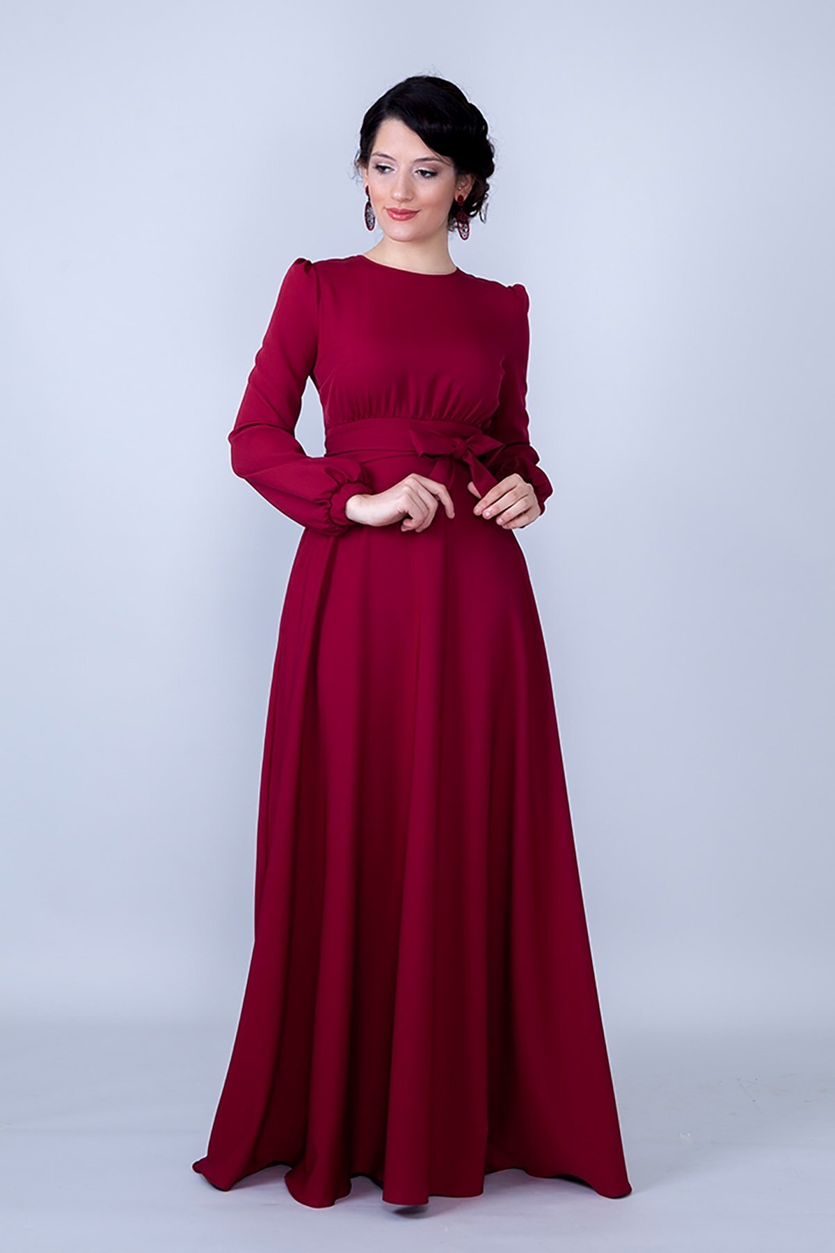 Long Sleeve Woven Round Neck Gathered Waist Belted Pocketed Modest Evening Dress - Burgundy - Bidoluelbise