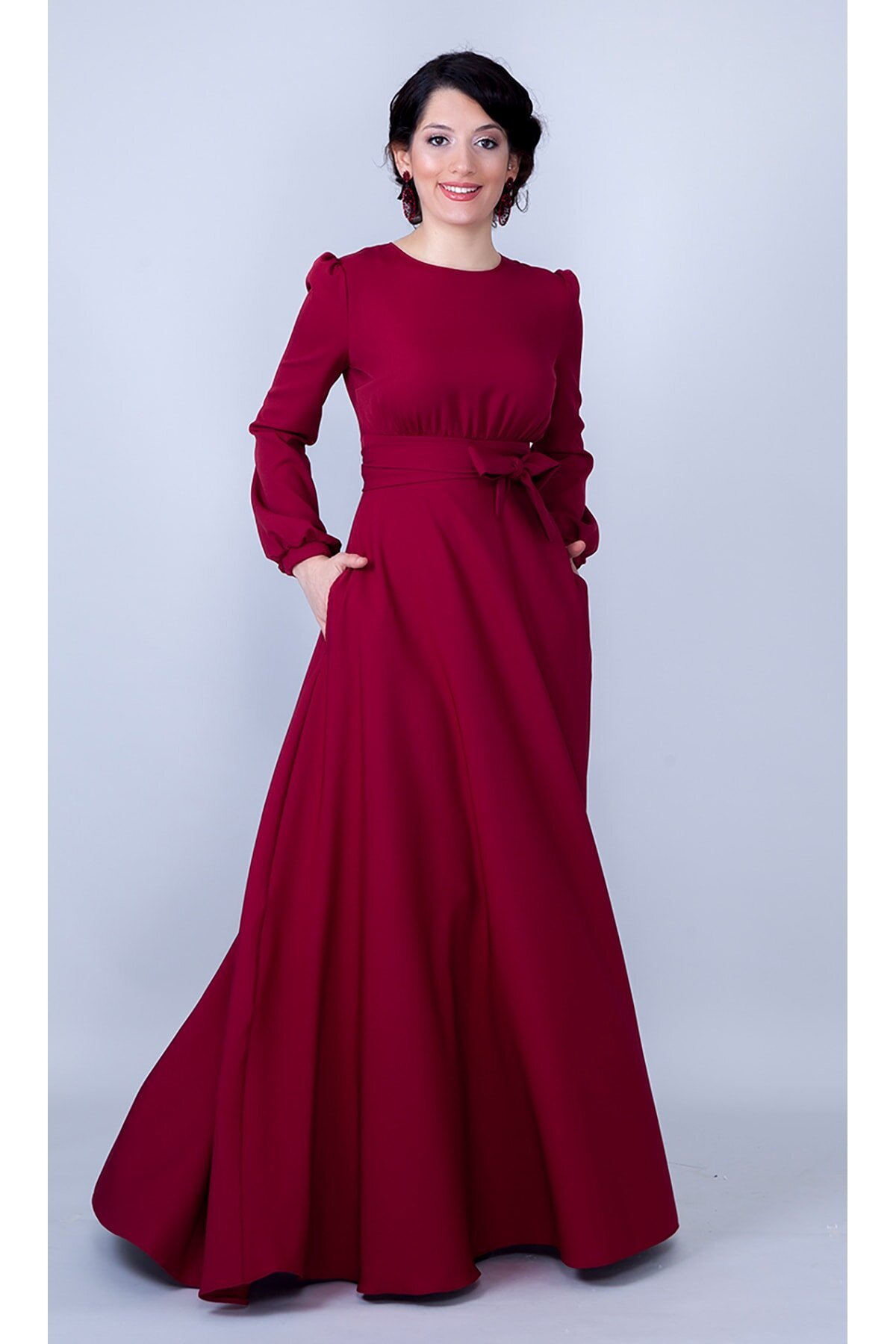 Long Sleeve Woven Round Neck Gathered Waist Belted Pocketed Modest Evening Dress - Burgundy - Bidoluelbise