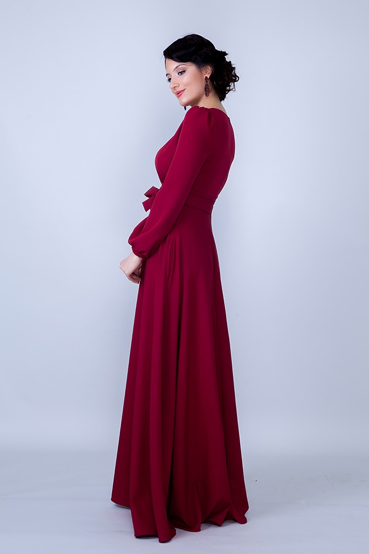 Long Sleeve Woven Round Neck Gathered Waist Belted Pocketed Modest Evening Dress - Burgundy - Bidoluelbise