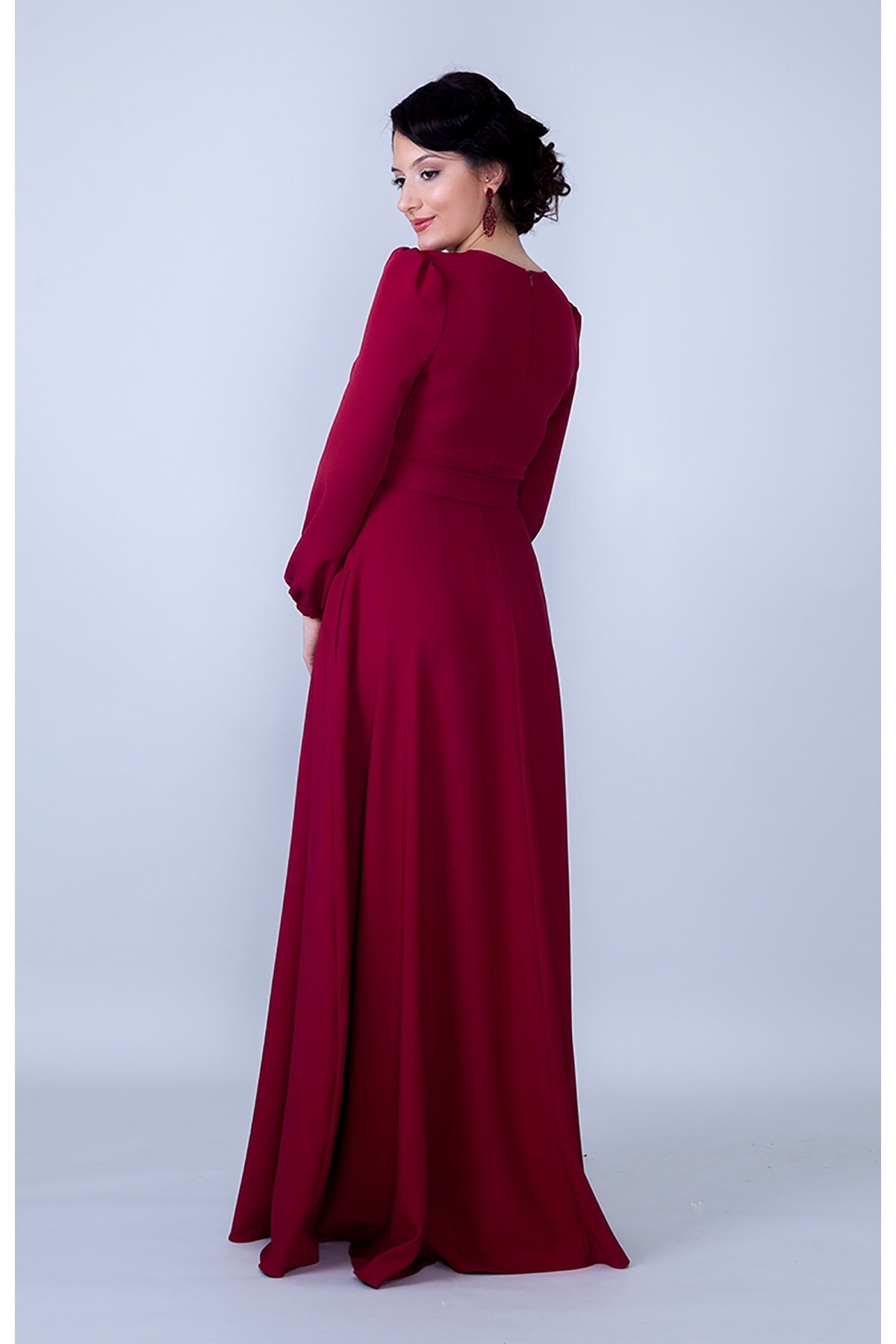 Long Sleeve Woven Round Neck Gathered Waist Belted Pocketed Modest Evening Dress - Burgundy - Bidoluelbise