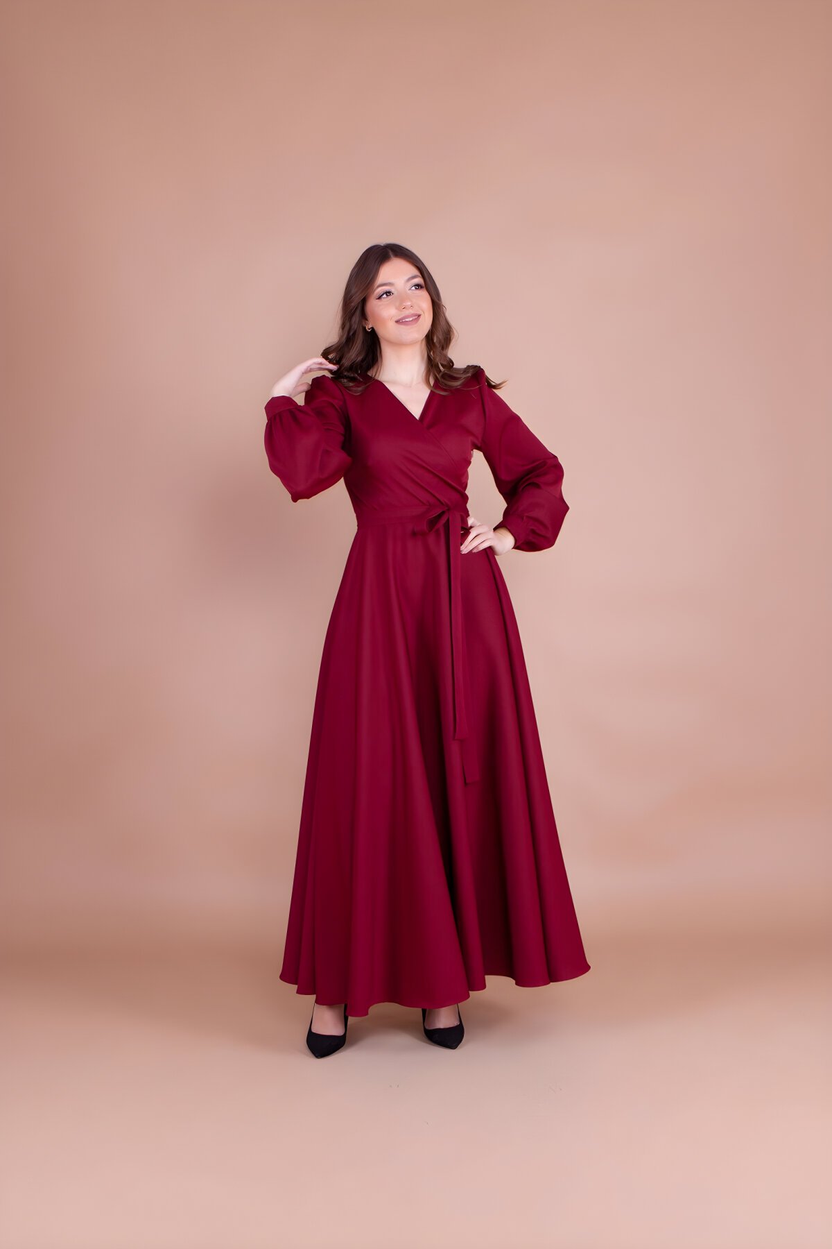 Bordo Uzun Kruvaze Yaka Kemerli Elbise Bordo Uzun Kruvaze Yaka Kemerli Elbise