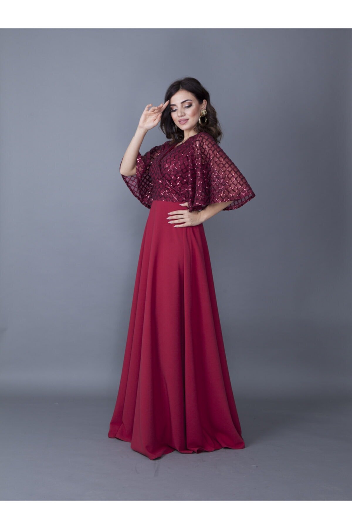 Long Batwing Sequin Crossover Neck Evening Dress - Burgundy - Bidoluelbise