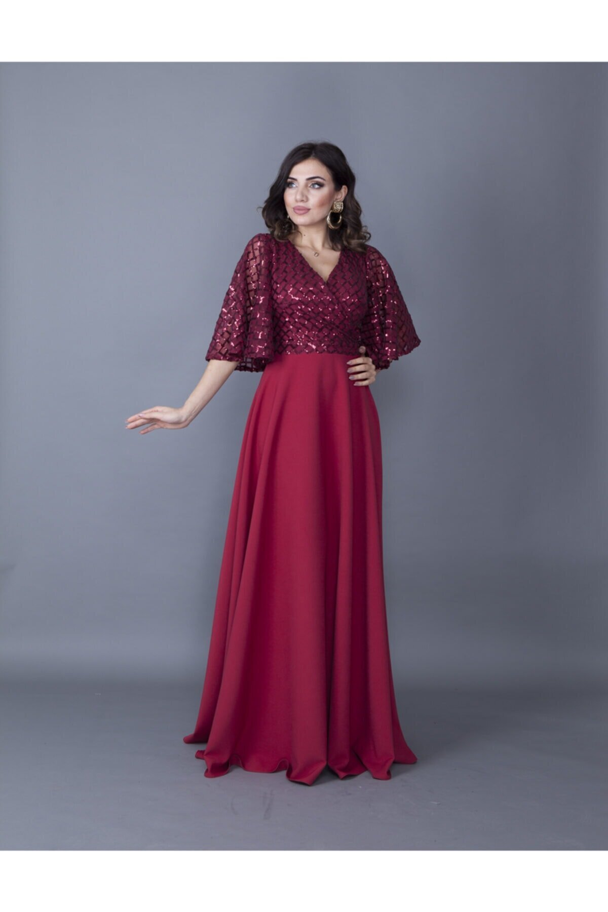 Long Batwing Sequin Crossover Neck Evening Dress - Burgundy - Bidoluelbise
