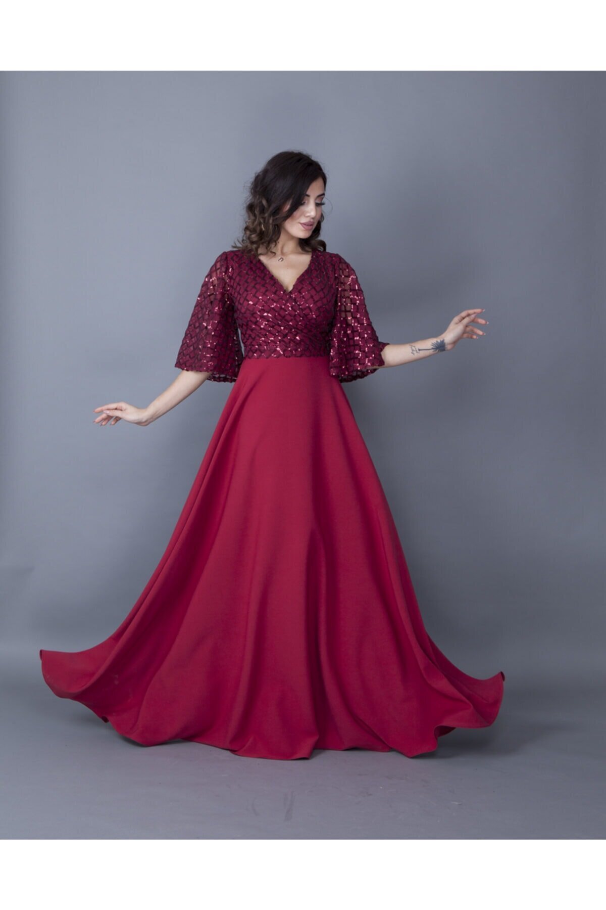 Long Batwing Sequin Crossover Neck Evening Dress - Burgundy - Bidoluelbise