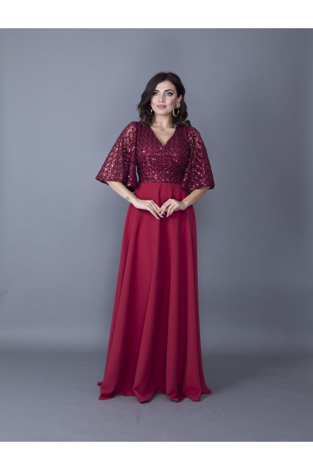 Long Batwing Sequin Crossover Neck Evening Dress - Burgundy - Bidoluelbise