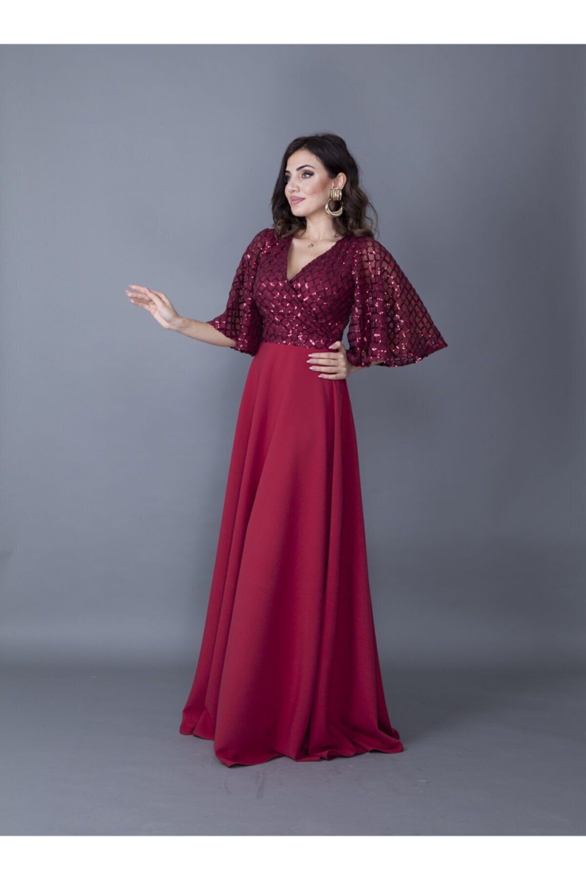 Long Batwing Sequin Crossover Neck Evening Dress - Burgundy - Bidoluelbise