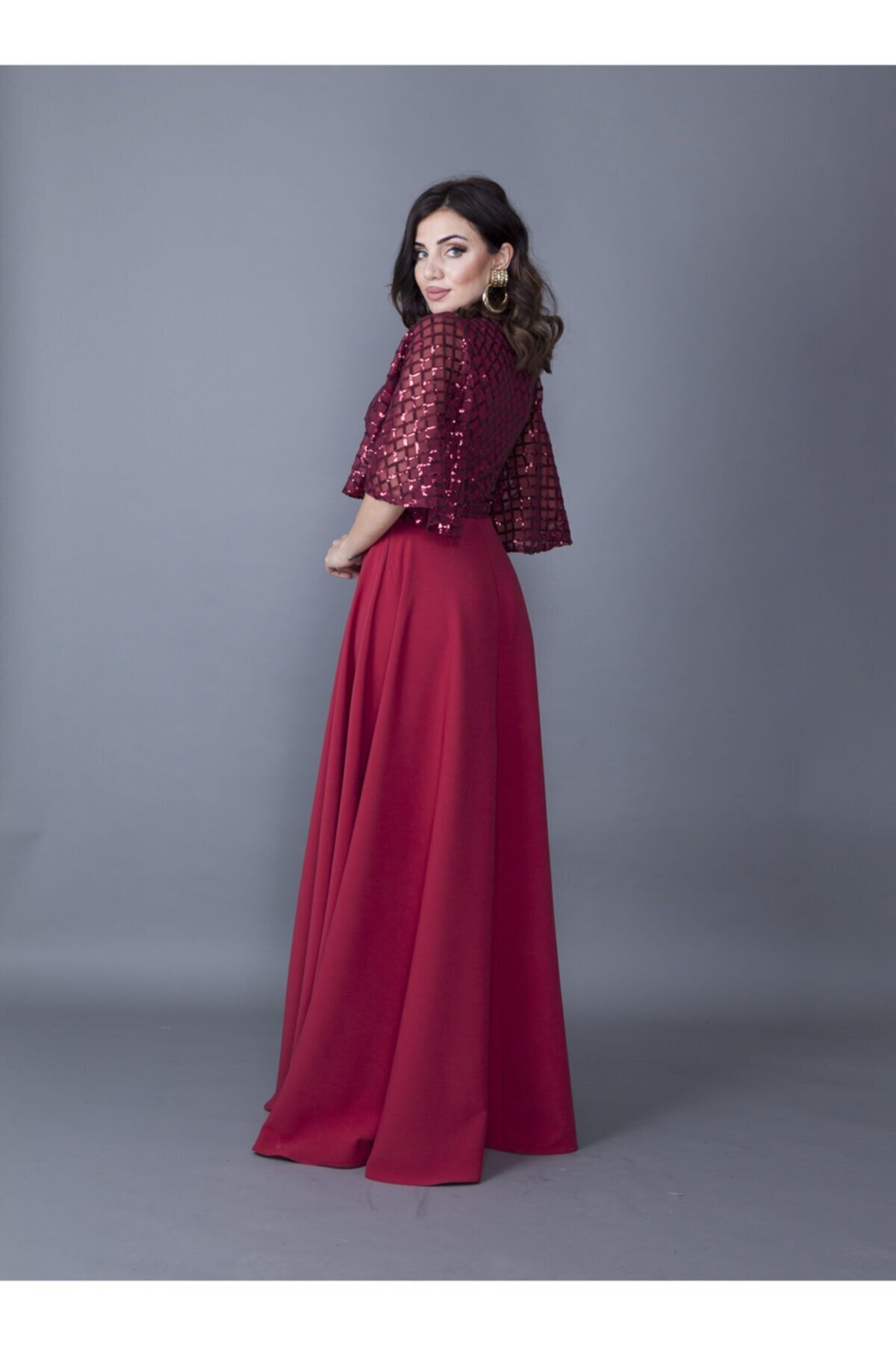 Long Batwing Sequin Crossover Neck Evening Dress - Burgundy - Bidoluelbise