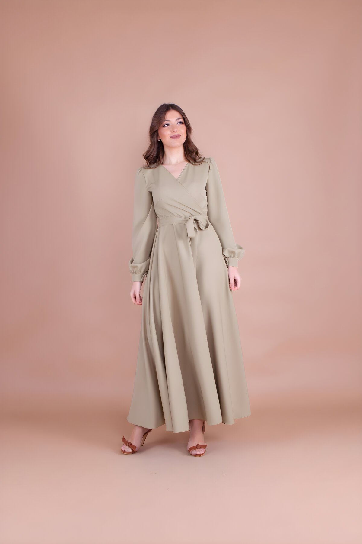 Long Soft Belted Crossover Neck Dress - Pistachio Green - Bidoluelbise