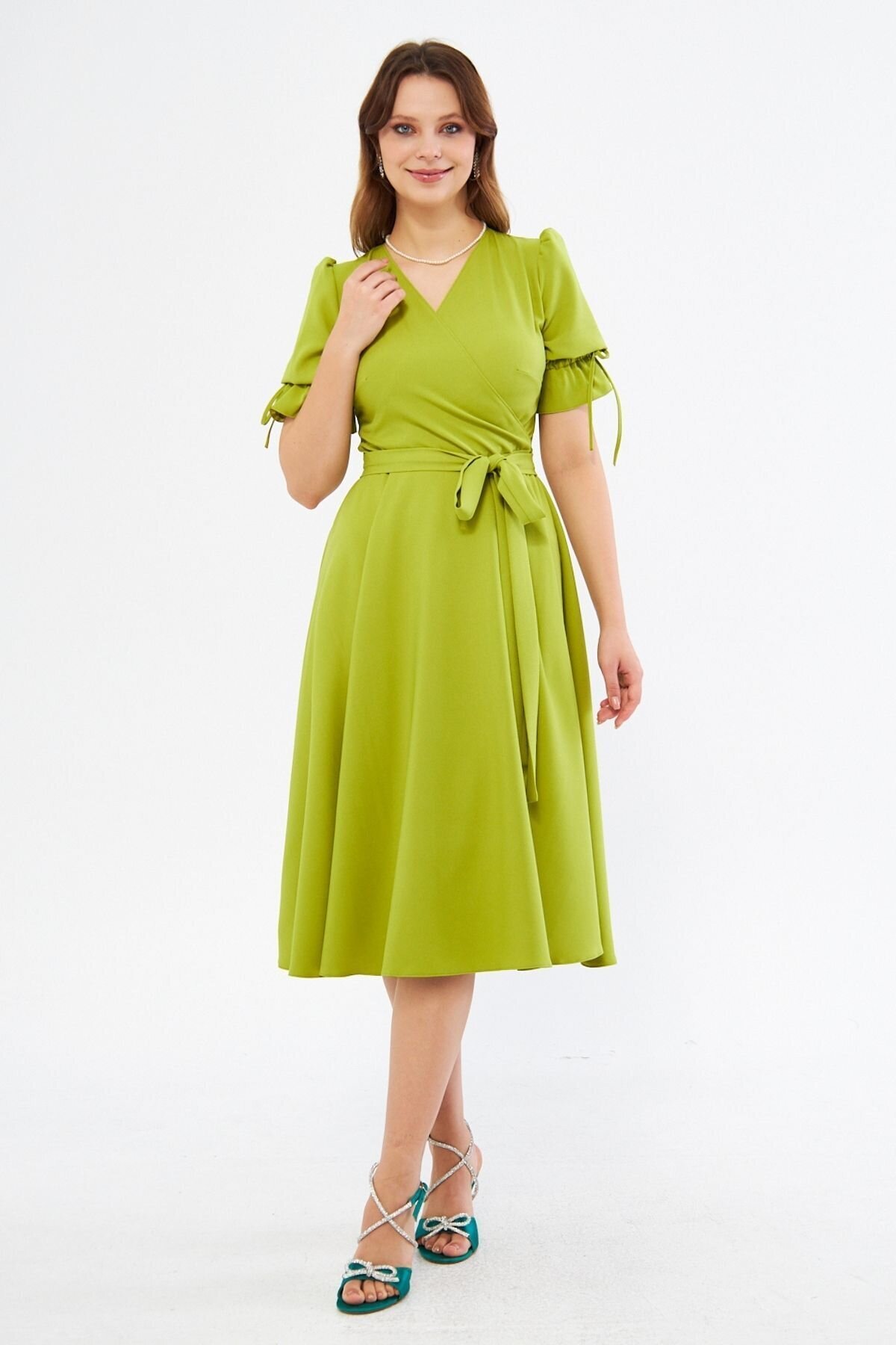 Midi Short-Sleeve Ruched Wrap-Neck Belted Elasticized Dress - Pistachio Green - Bidoluelbise