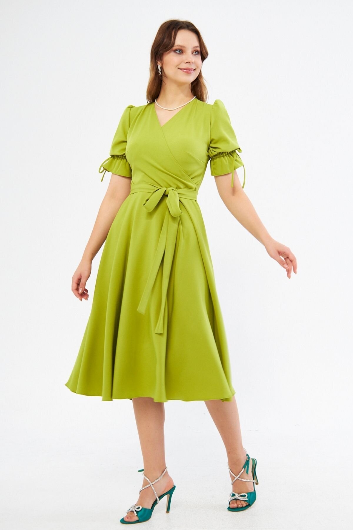 Midi Short-Sleeve Ruched Wrap-Neck Belted Elasticized Dress - Pistachio Green - Bidoluelbise