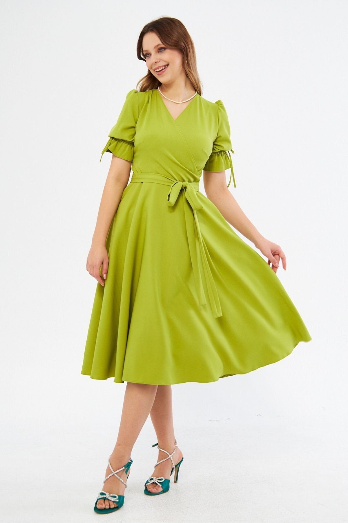Midi Short-Sleeve Ruched Wrap-Neck Belted Elasticized Dress - Pistachio Green - Bidoluelbise