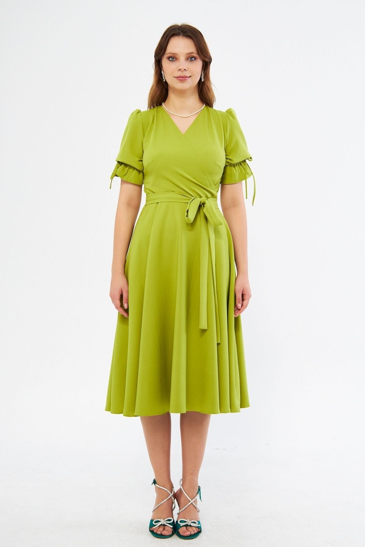 Midi Short-Sleeve Ruched Wrap-Neck Belted Elasticized Dress - Pistachio Green - Bidoluelbise