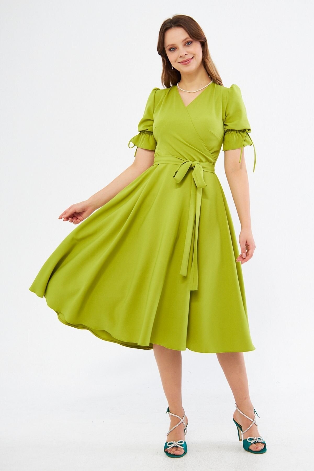 Midi Short-Sleeve Ruched Wrap-Neck Belted Elasticized Dress - Pistachio Green - Bidoluelbise