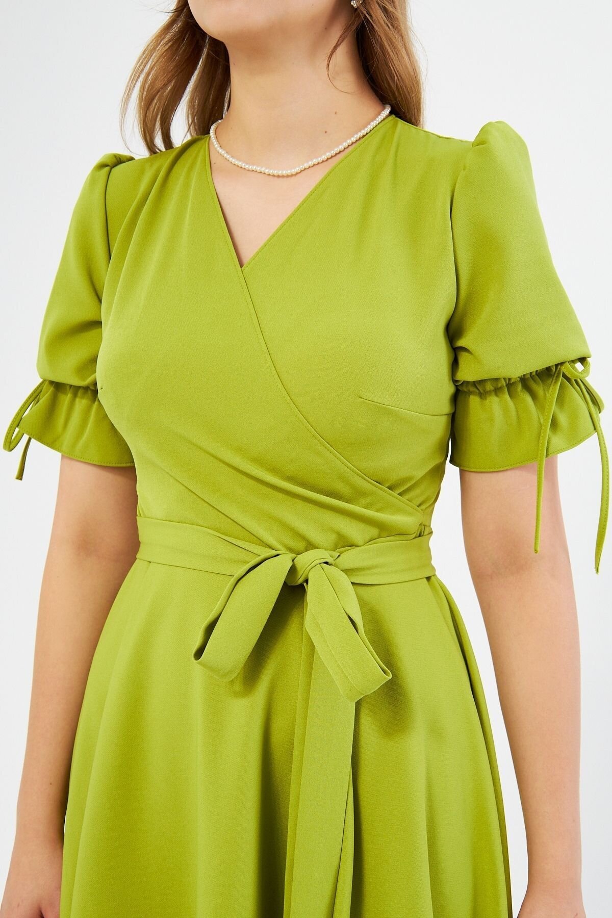 Midi Short-Sleeve Ruched Wrap-Neck Belted Elasticized Dress - Pistachio Green - Bidoluelbise