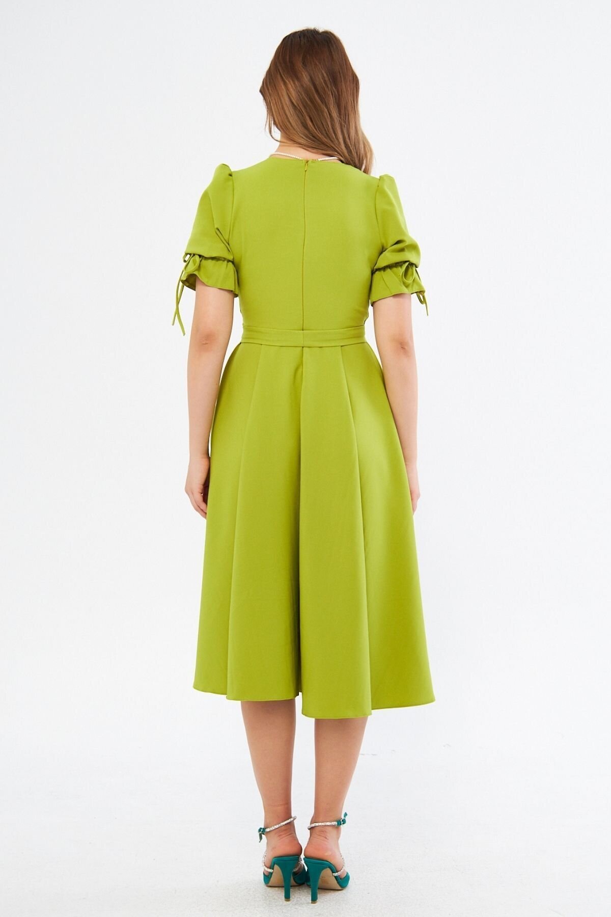 Midi Short-Sleeve Ruched Wrap-Neck Belted Elasticized Dress - Pistachio Green - Bidoluelbise