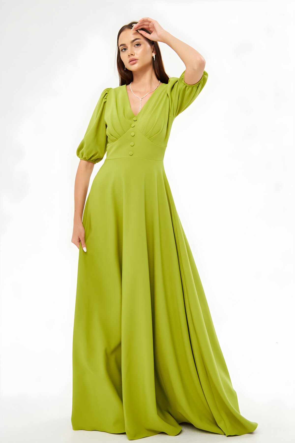 Fıstık Yeşili Uzun Balon Kol V Yaka Göğüs Pileli Korsaj Kemer Detay Süs Düğmeli Dokuma Dökümlü Kumaş Abiye Elbise - Bidoluelbise