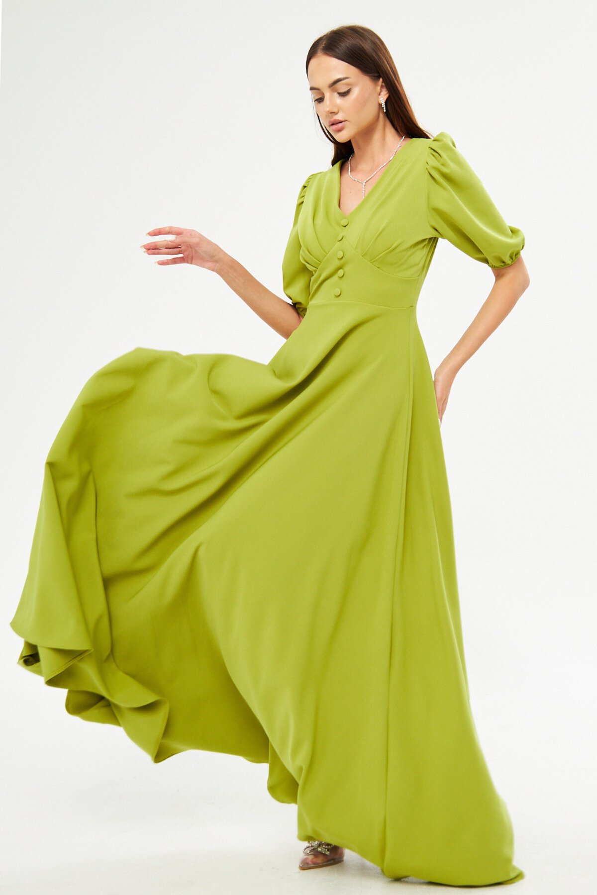 Long V-Neck Balloon Sleeve Woven Flowy Pleated Bodice Decorative Button Belt Evening Dress - Pistachio Green - Bidoluelbise