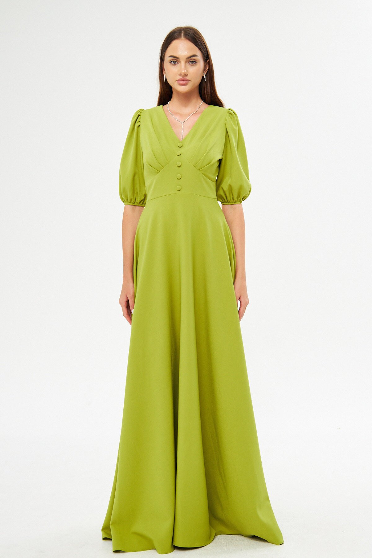 Long V-Neck Balloon Sleeve Woven Flowy Pleated Bodice Decorative Button Belt Evening Dress - Pistachio Green - Bidoluelbise