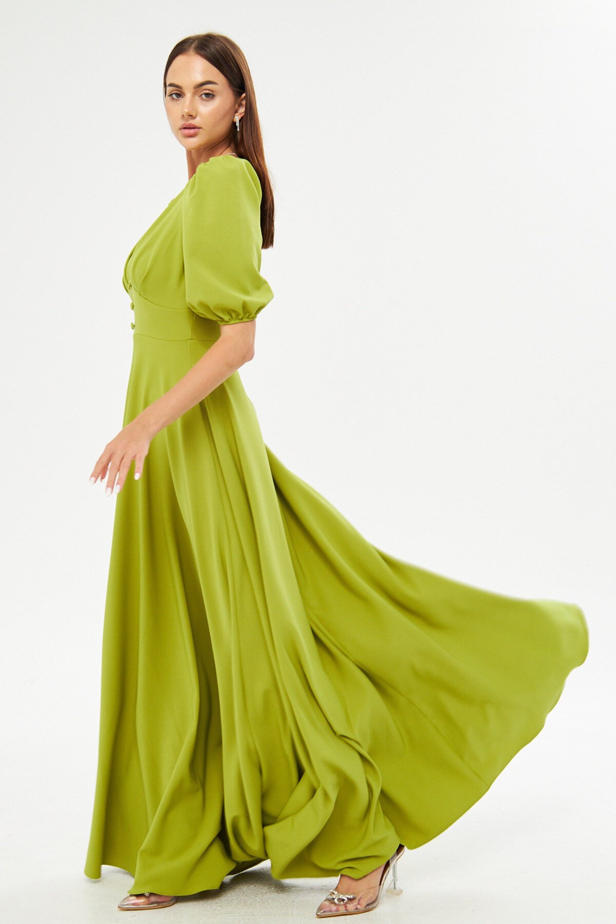 Long V-Neck Balloon Sleeve Woven Flowy Pleated Bodice Decorative Button Belt Evening Dress - Pistachio Green - Bidoluelbise