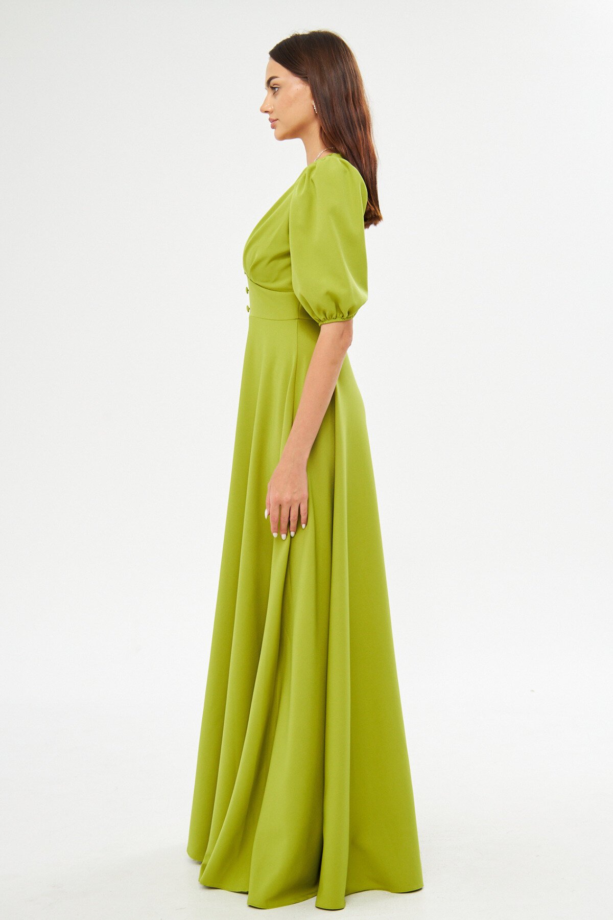 Long V-Neck Balloon Sleeve Woven Flowy Pleated Bodice Decorative Button Belt Evening Dress - Pistachio Green - Bidoluelbise