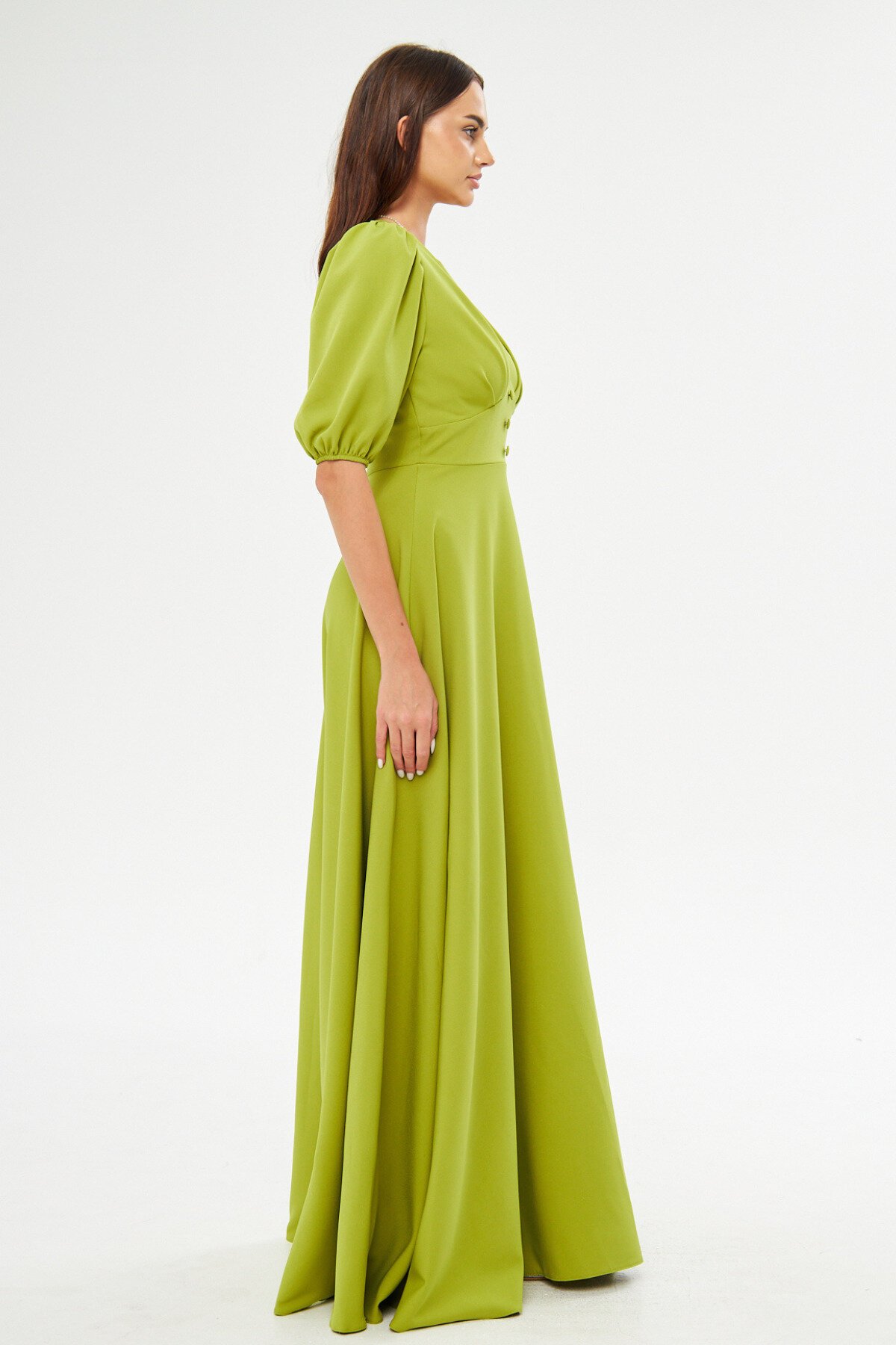 Long V-Neck Balloon Sleeve Woven Flowy Pleated Bodice Decorative Button Belt Evening Dress - Pistachio Green - Bidoluelbise
