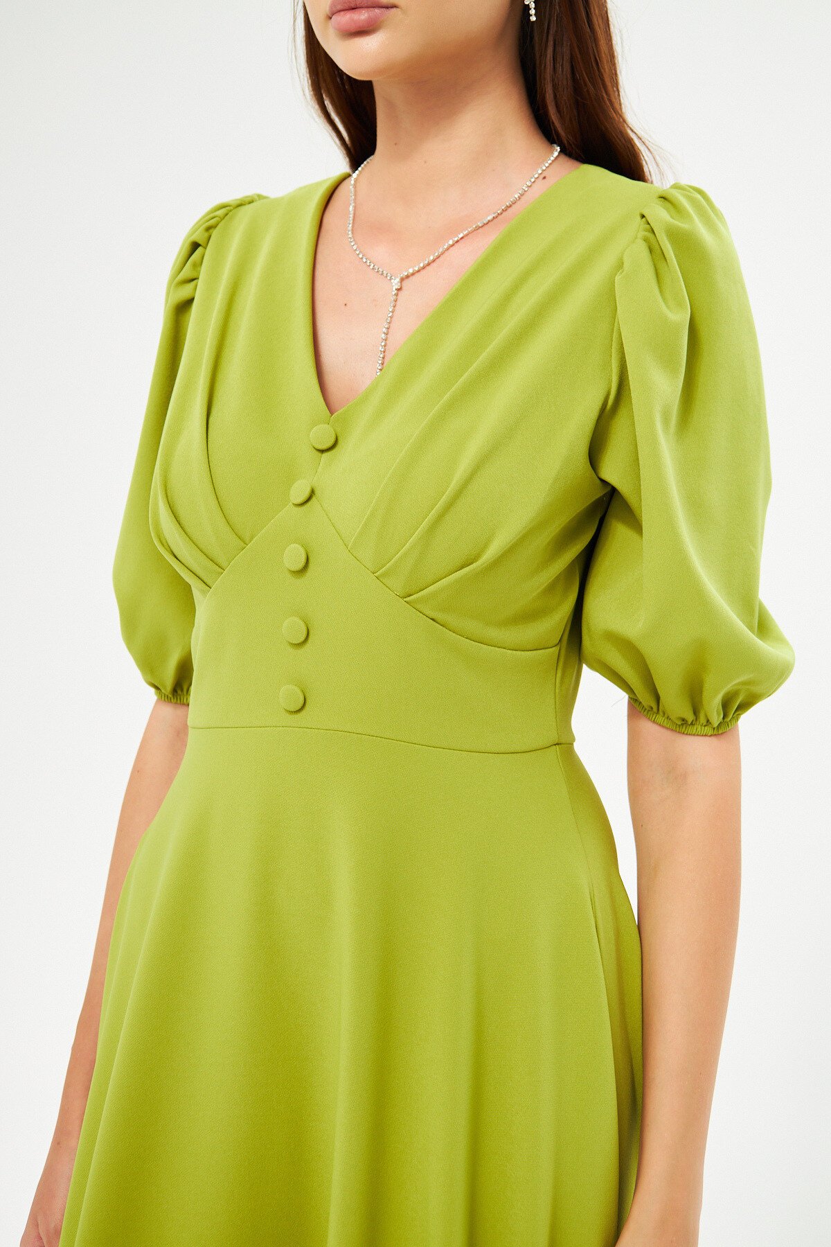 Long V-Neck Balloon Sleeve Woven Flowy Pleated Bodice Decorative Button Belt Evening Dress - Pistachio Green - Bidoluelbise