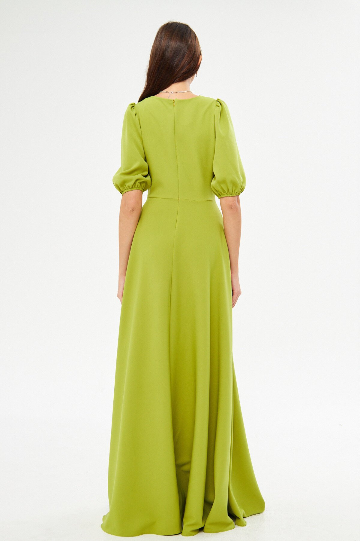 Long V-Neck Balloon Sleeve Woven Flowy Pleated Bodice Decorative Button Belt Evening Dress - Pistachio Green - Bidoluelbise