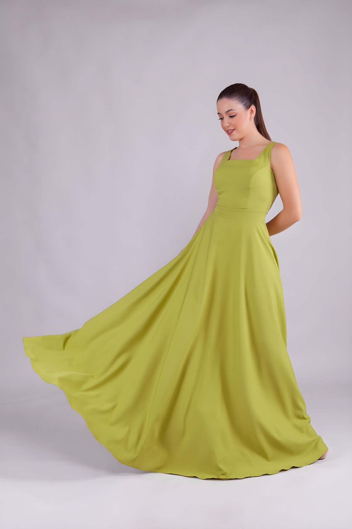 Long Square Neck Evening Dress - Pistachio Green - Bidoluelbise