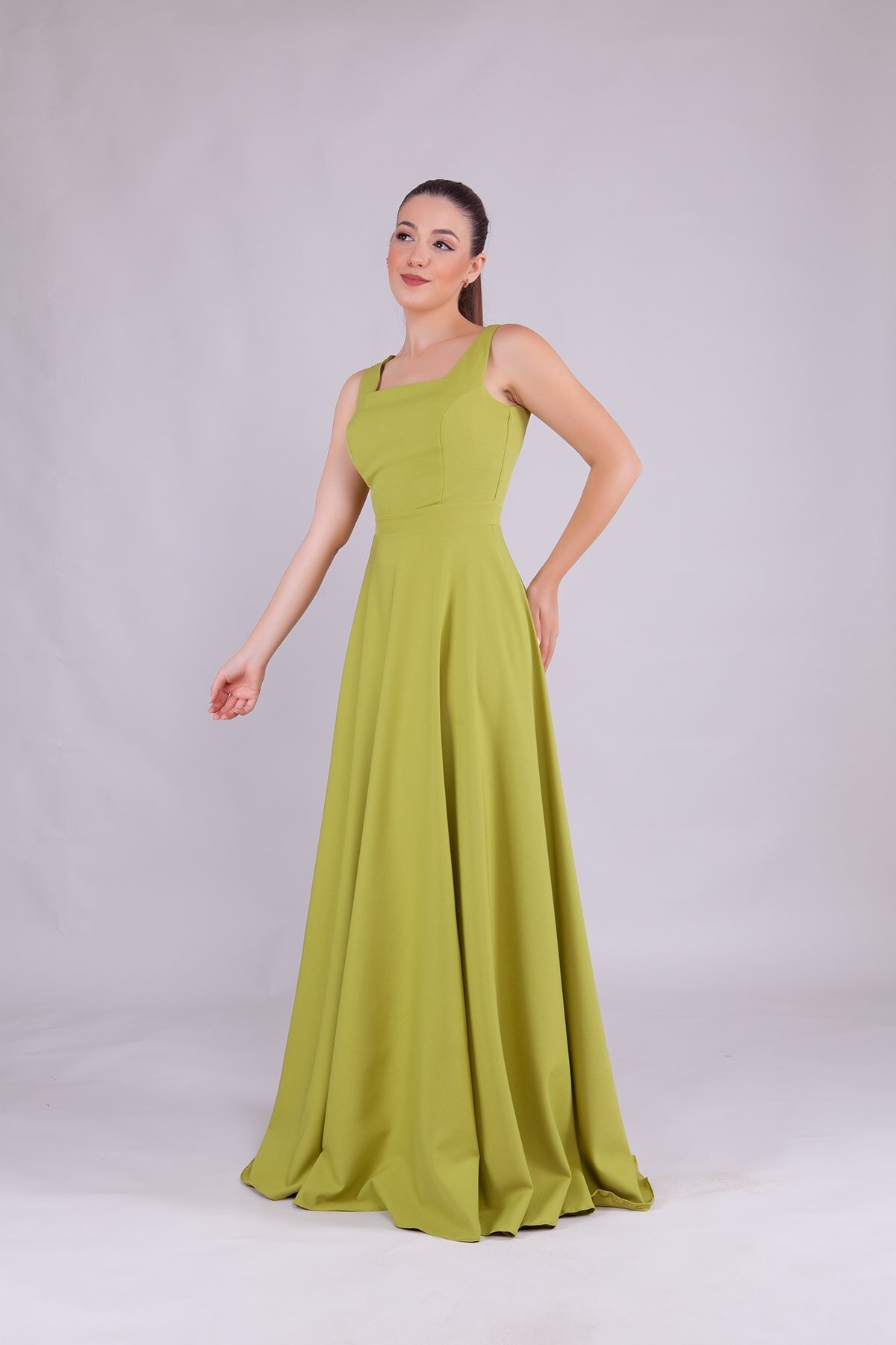 Long Square Neck Evening Dress - Pistachio Green - Bidoluelbise