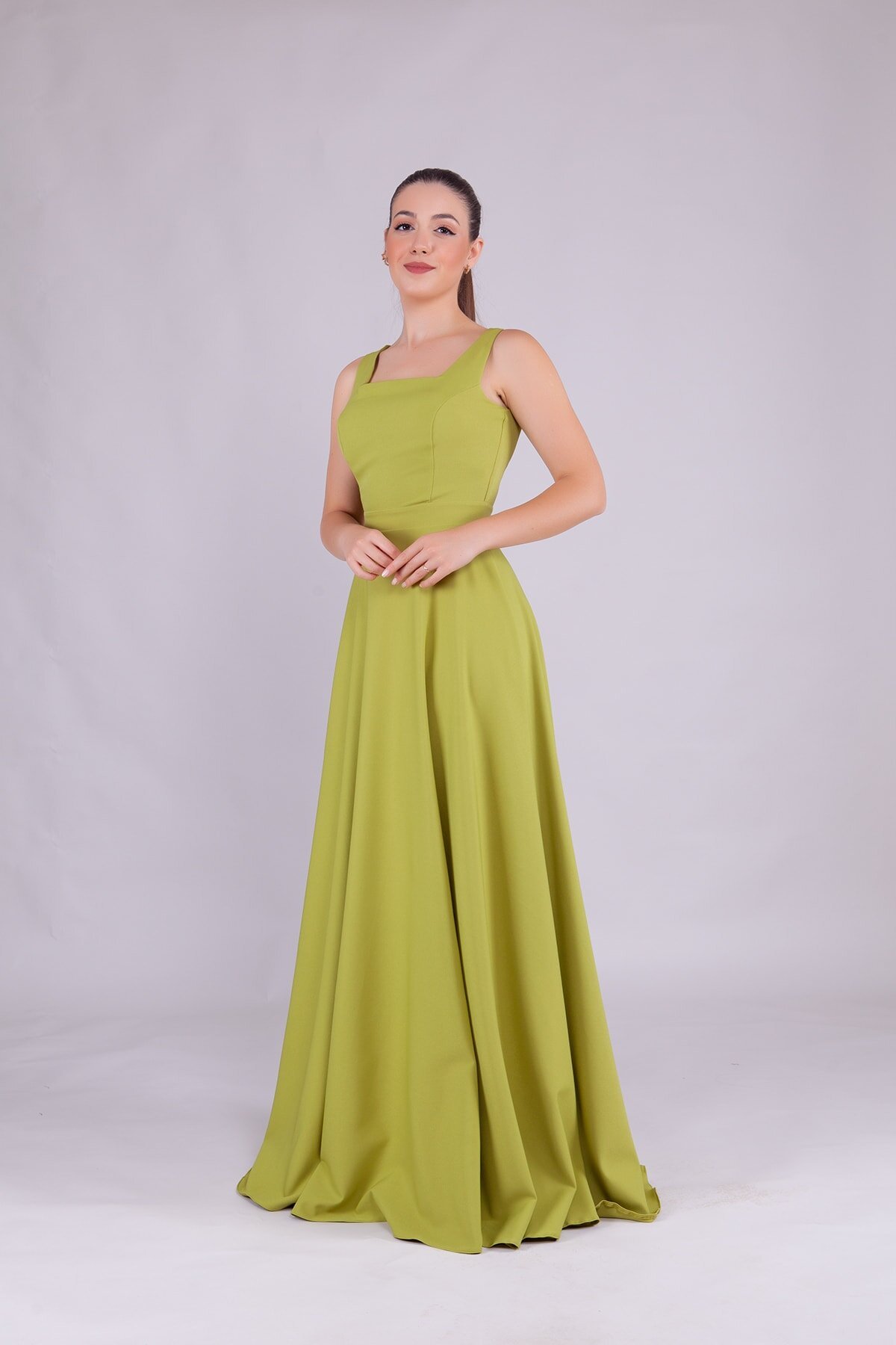 Long Square Neck Evening Dress - Pistachio Green - Bidoluelbise