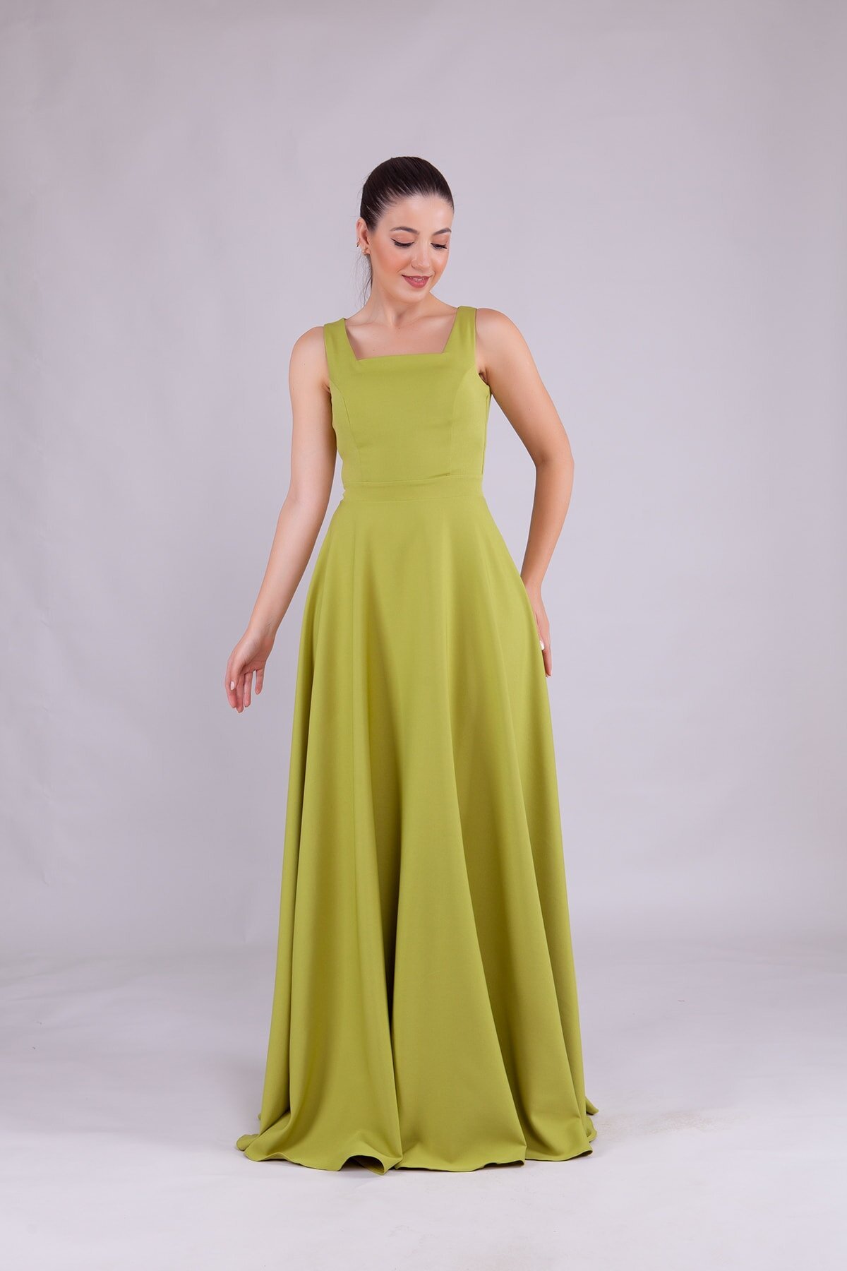 Long Square Neck Evening Dress - Pistachio Green - Bidoluelbise