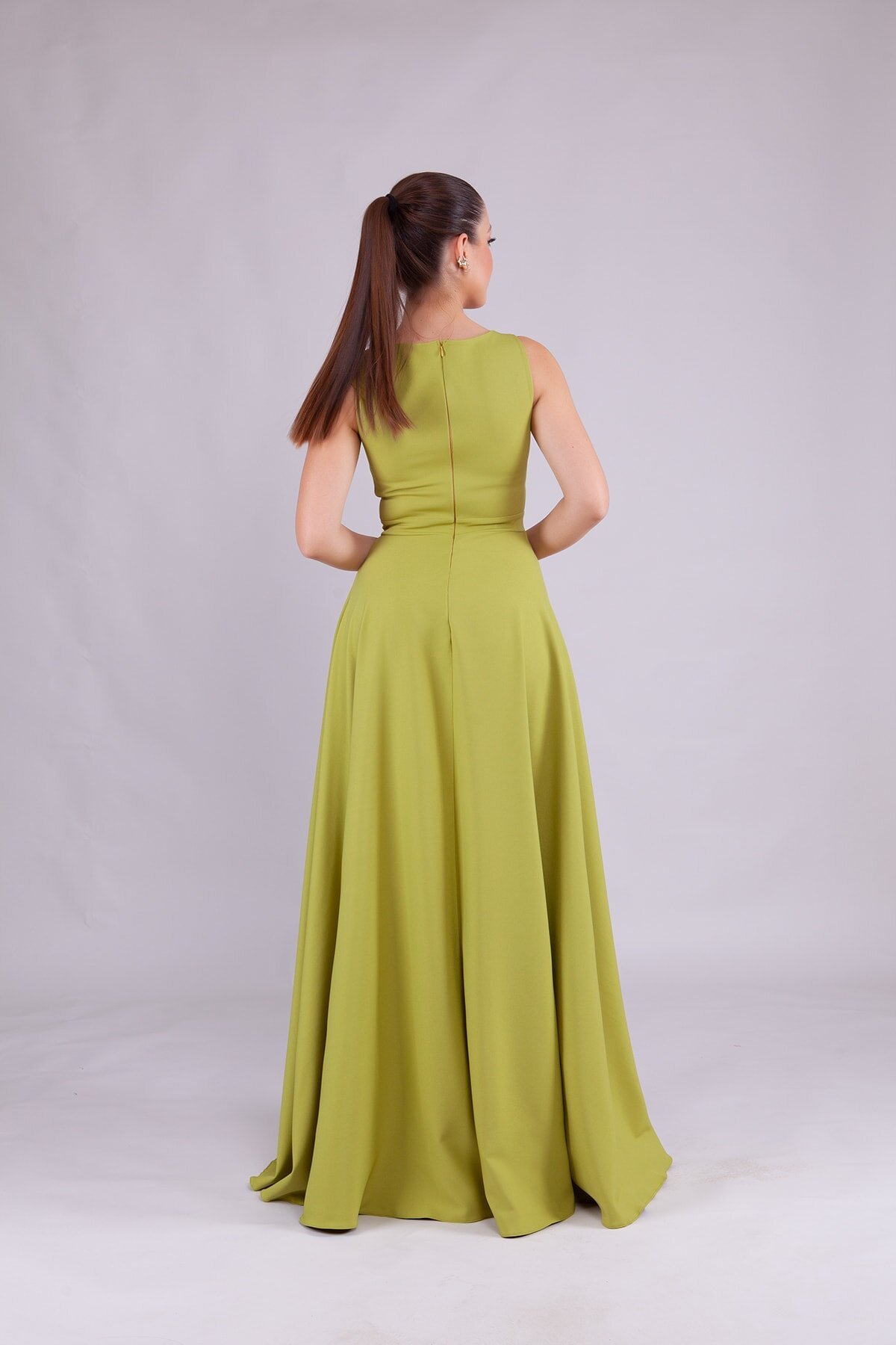 Long Square Neck Evening Dress - Pistachio Green - Bidoluelbise