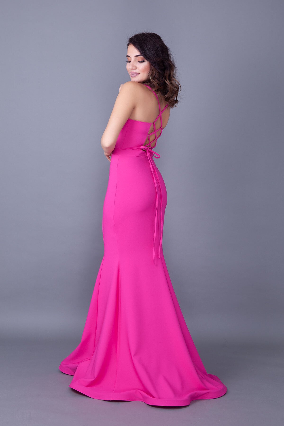 Long Mermaid Spaghetti Strap Gown with Lace-Up Back - Fuchsia - Bidoluelbise