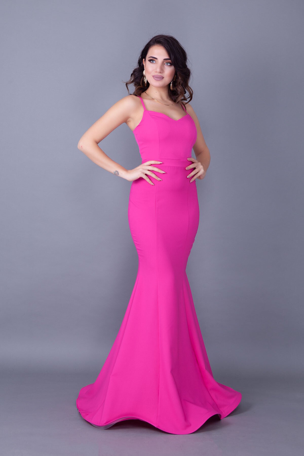 Long Mermaid Spaghetti Strap Gown with Lace-Up Back - Fuchsia - Bidoluelbise