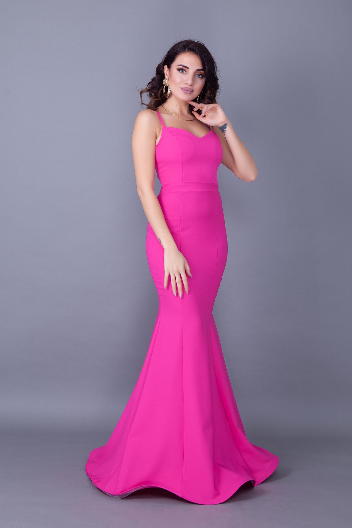 Long Mermaid Spaghetti Strap Gown with Lace-Up Back - Fuchsia - Bidoluelbise