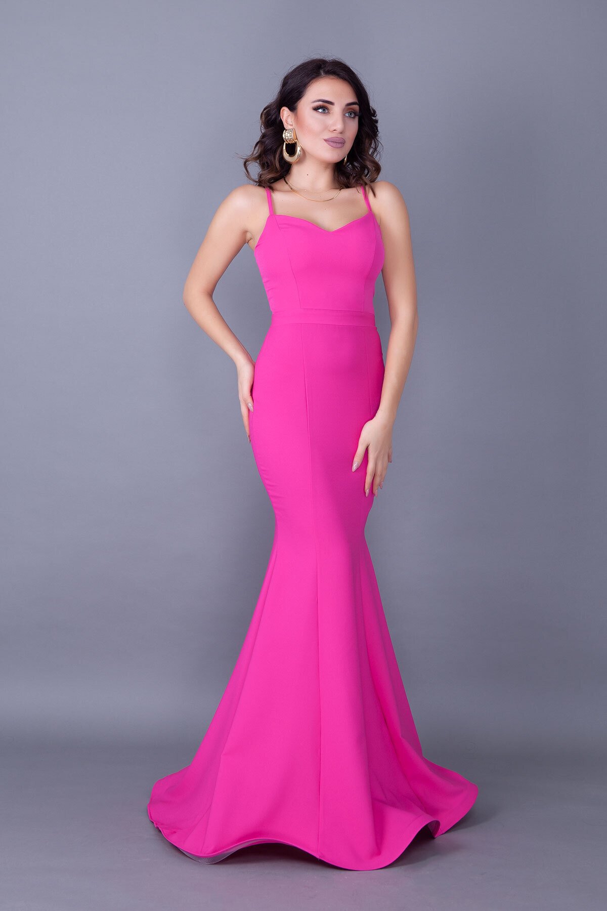 Long Mermaid Spaghetti Strap Gown with Lace-Up Back - Fuchsia - Bidoluelbise