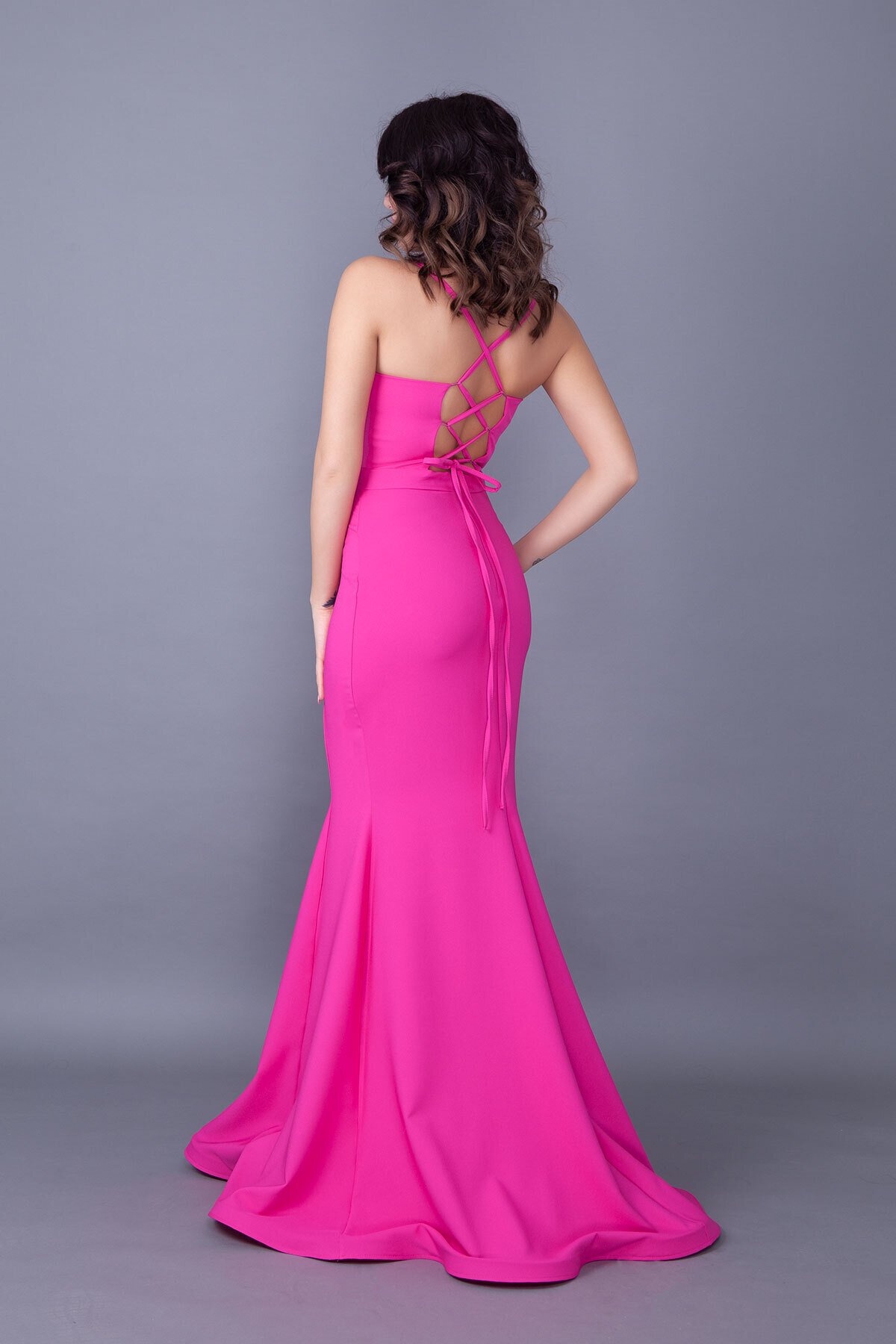 Long Mermaid Spaghetti Strap Gown with Lace-Up Back - Fuchsia - Bidoluelbise