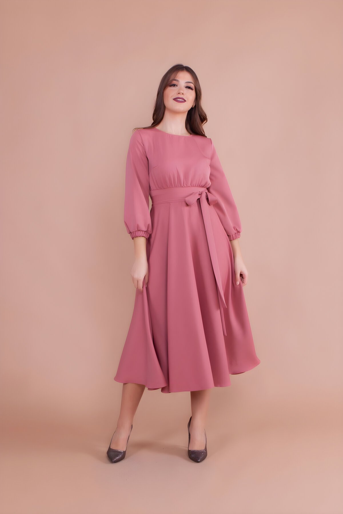 Gül Kurusu Büyük Beden Midi Elbise - Bidoluelbise