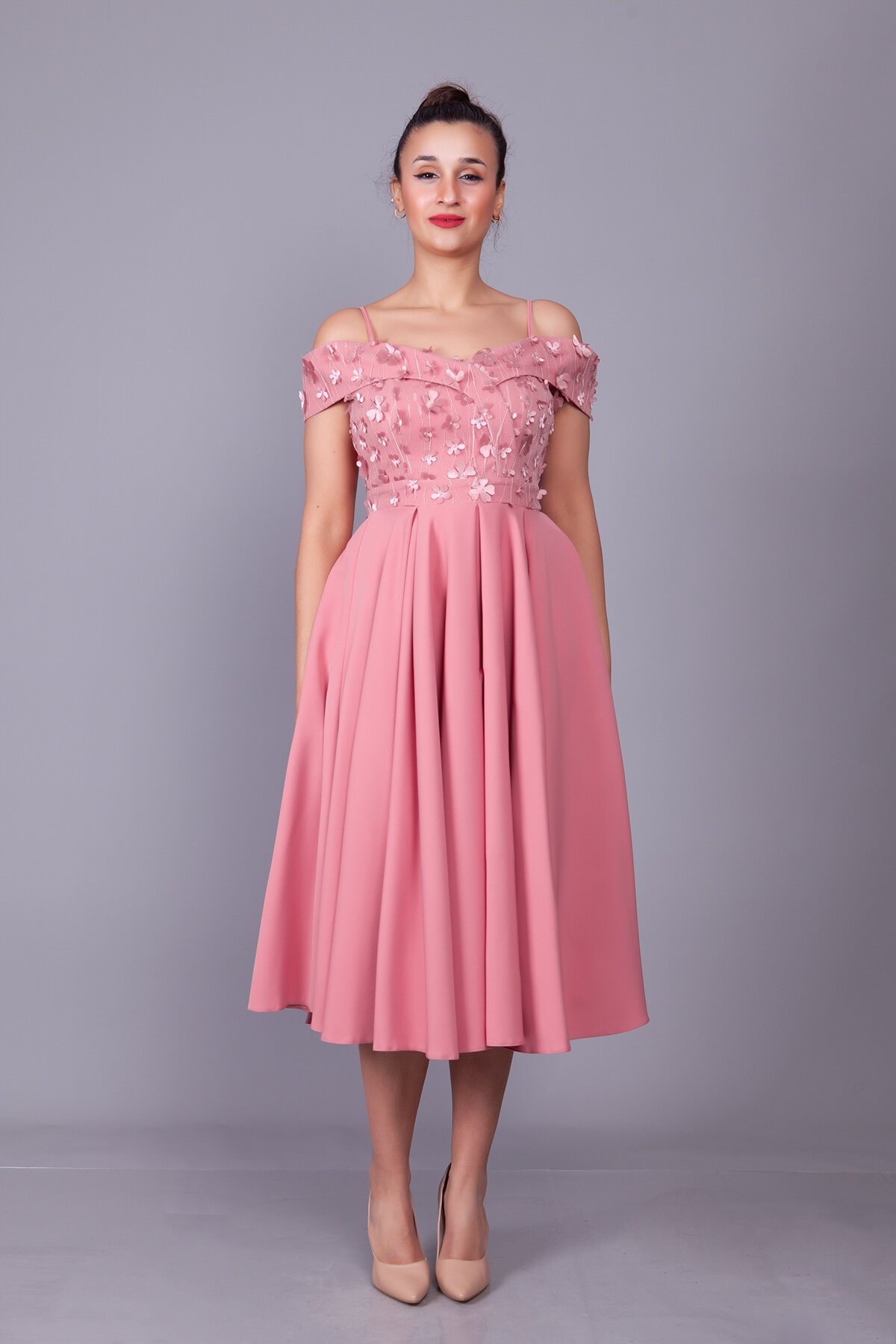 Midi Flared Floral Tulle Detail Evening Dress - Dusty Rose - Bidoluelbise