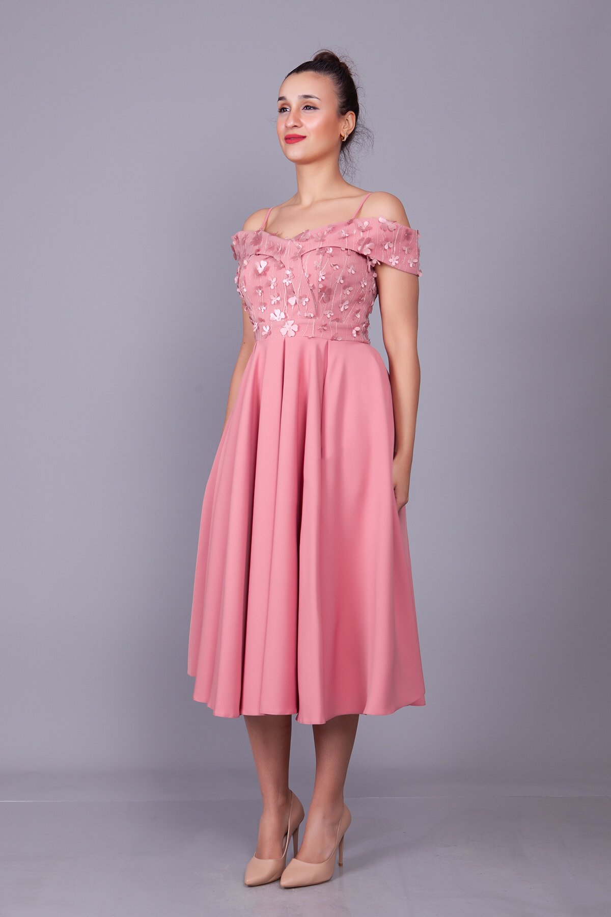 Midi Flared Floral Tulle Detail Evening Dress - Dusty Rose - Bidoluelbise