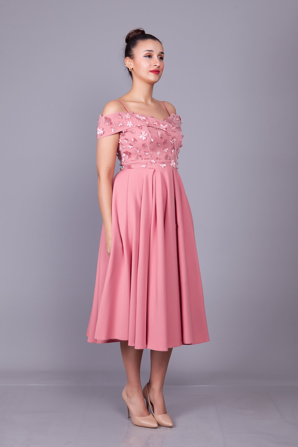 Midi Flared Floral Tulle Detail Evening Dress - Dusty Rose - Bidoluelbise