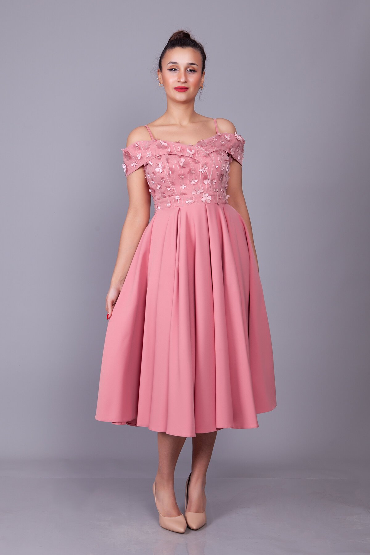 Midi Flared Floral Tulle Detail Evening Dress - Dusty Rose - Bidoluelbise