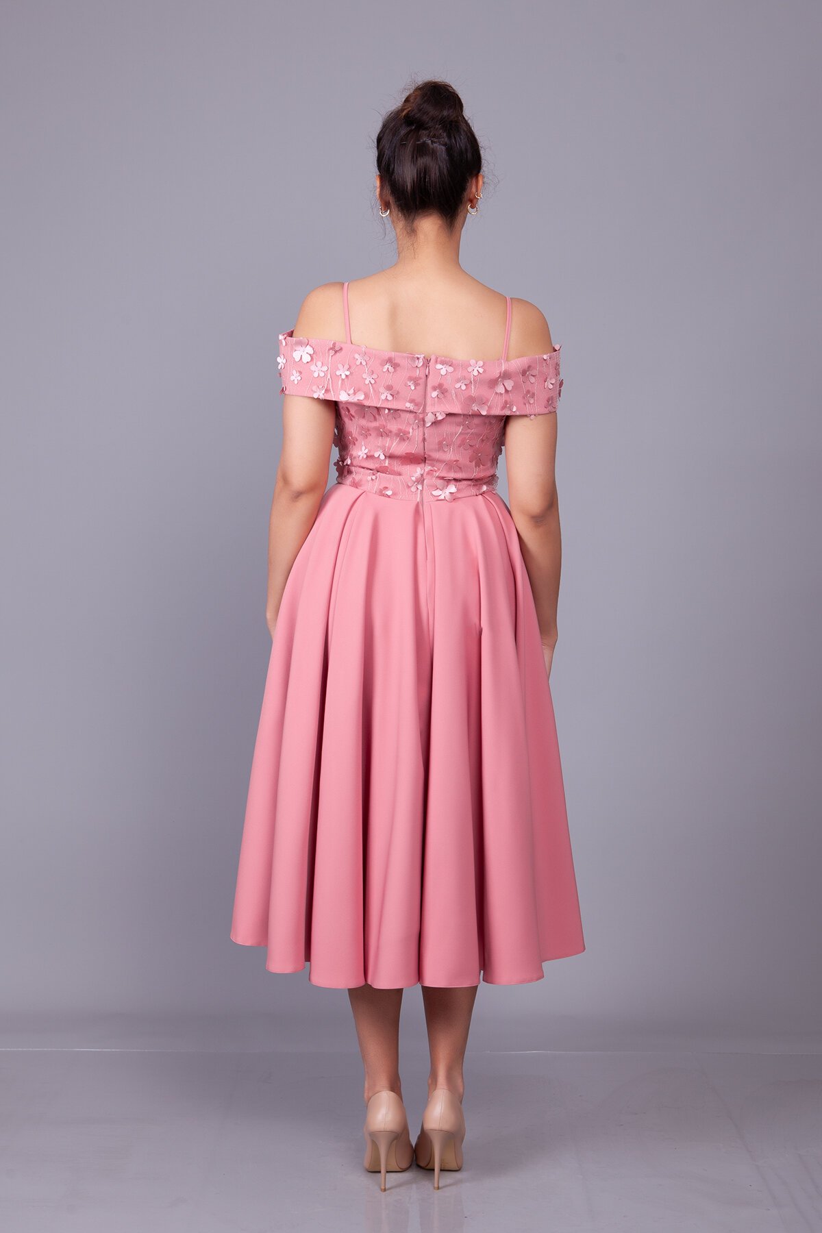 Midi Flared Floral Tulle Detail Evening Dress - Dusty Rose - Bidoluelbise