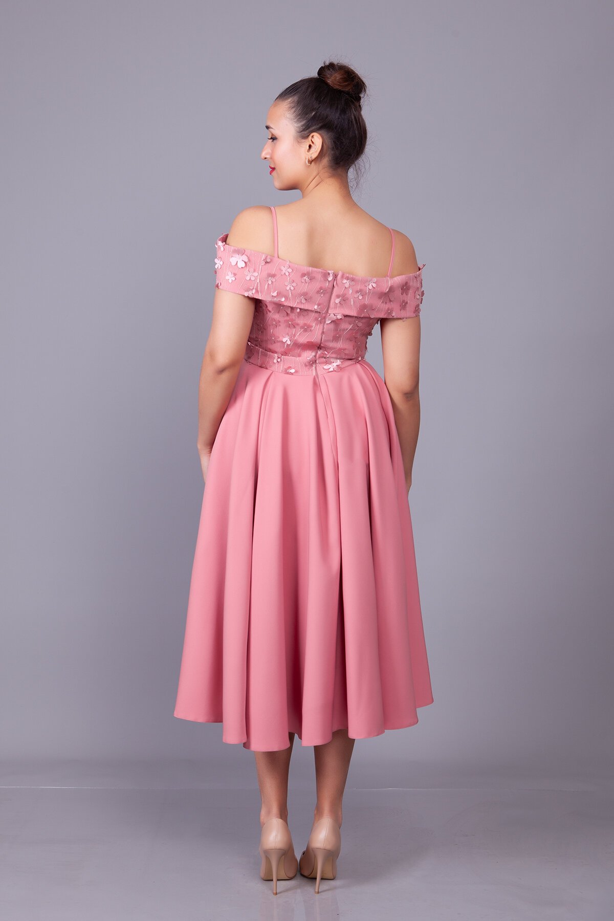 Midi Flared Floral Tulle Detail Evening Dress - Dusty Rose - Bidoluelbise