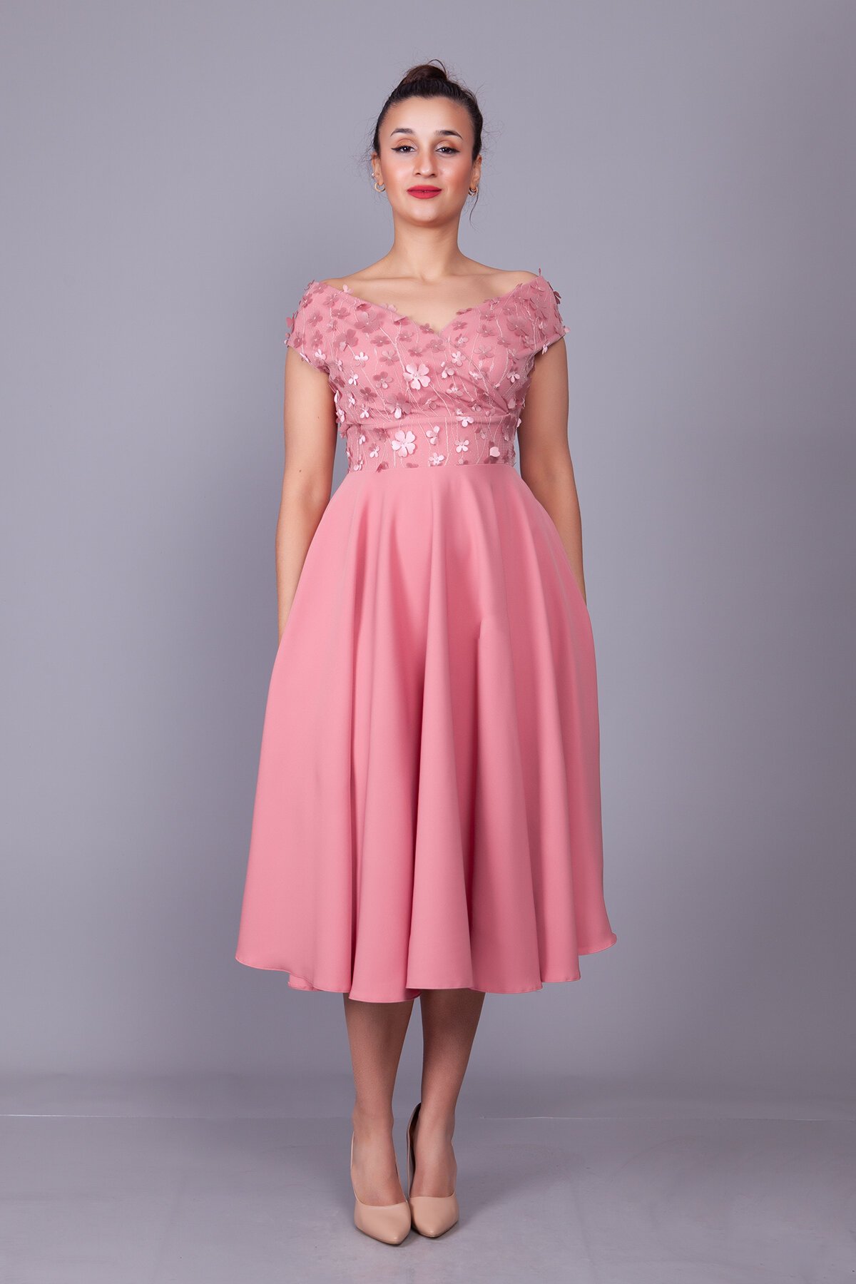 Midi Floral Tulle Detail Strappy Boat Neck Evening Dress - Dusty Rose - Bidoluelbise