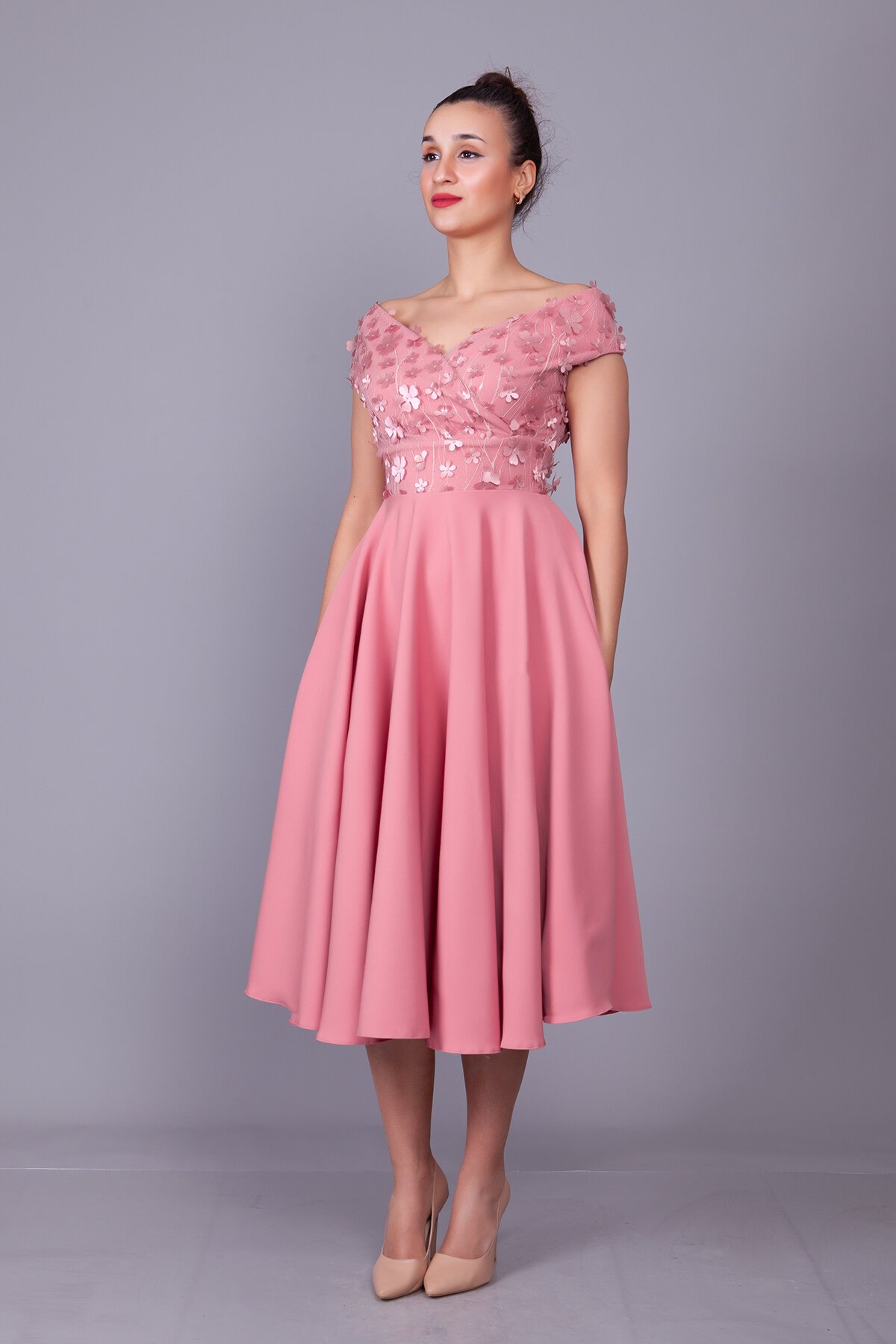 Midi Floral Tulle Detail Strappy Boat Neck Evening Dress - Dusty Rose - Bidoluelbise