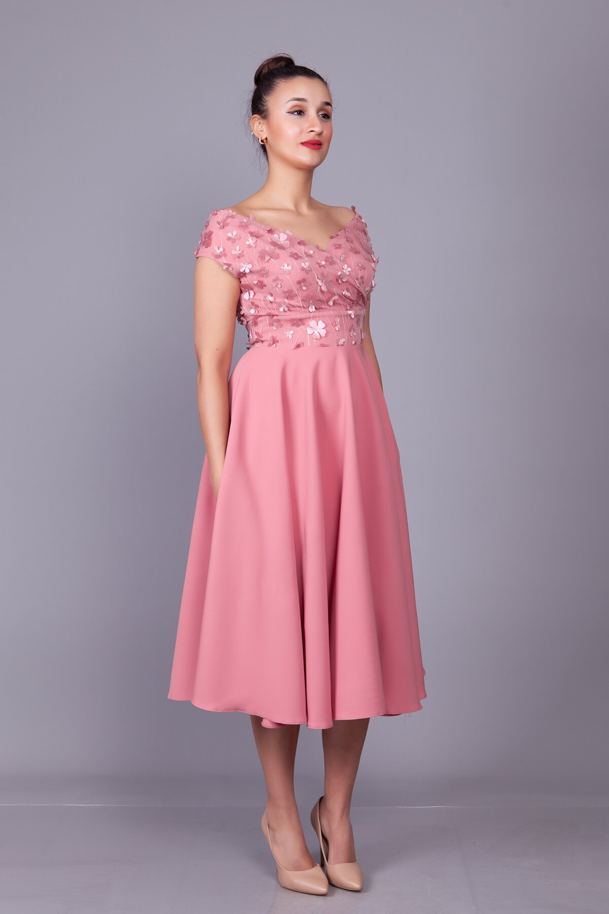 Midi Floral Tulle Detail Strappy Boat Neck Evening Dress - Dusty Rose - Bidoluelbise