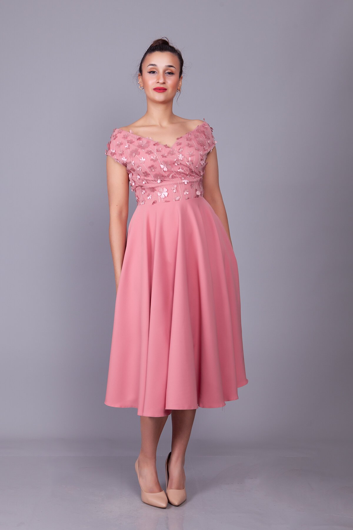 Midi Floral Tulle Detail Strappy Boat Neck Evening Dress - Dusty Rose - Bidoluelbise