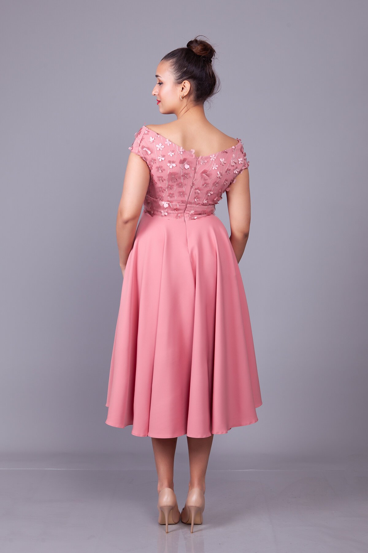 Midi Floral Tulle Detail Strappy Boat Neck Evening Dress - Dusty Rose - Bidoluelbise