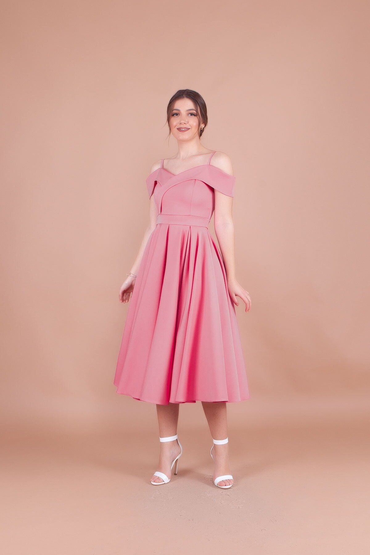 Midi Strappy Pleated Off-Shoulder Detail Evening Dress - Dusty Rose - Bidoluelbise